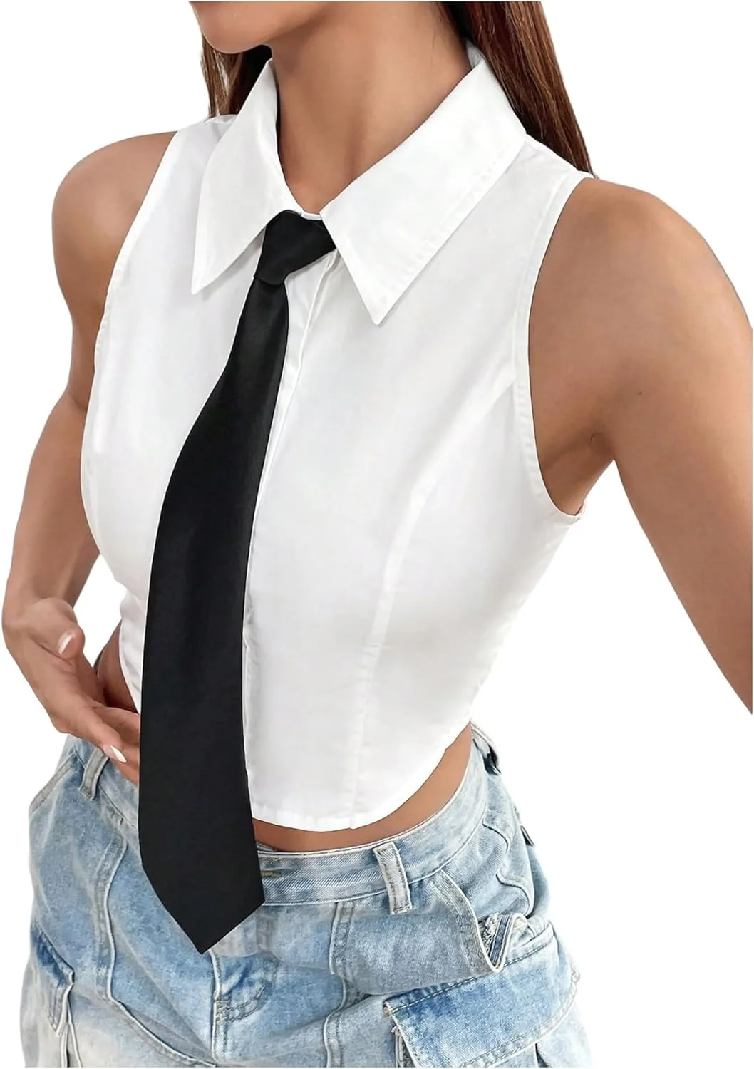 GORGLITTER بلوز زنانه نامتقارن بدون آستین دکمه دار یقه دار کراپ با بند