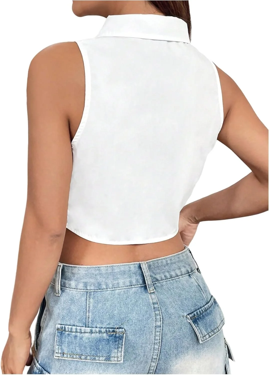 GORGLITTER بلوز زنانه نامتقارن بدون آستین دکمه دار یقه دار کراپ با بند