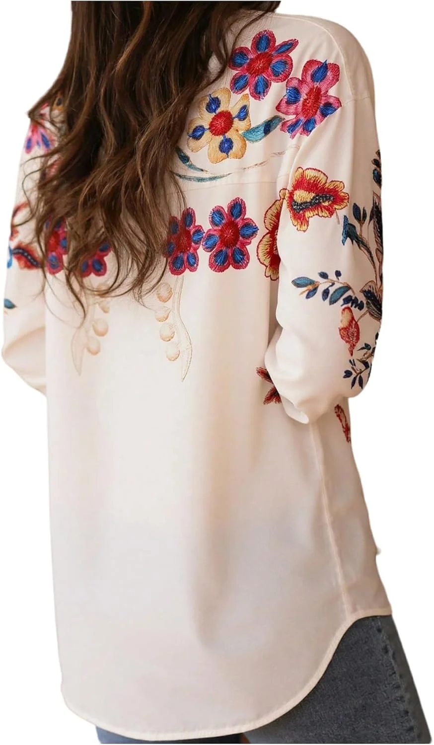 بلوز زنانه GORGLITTER با گلدوزی طرح گل، یقه دکمه دار و آستین بلند به سبک بوهو مناسب تعطیلات