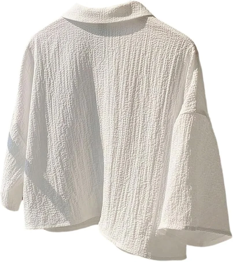 بلوز دکمه دار آستین کوتاه زنانه گورگلیتر، بلوزهای سایز بزرگ، تاپ کوتاه یقه دار با بافت