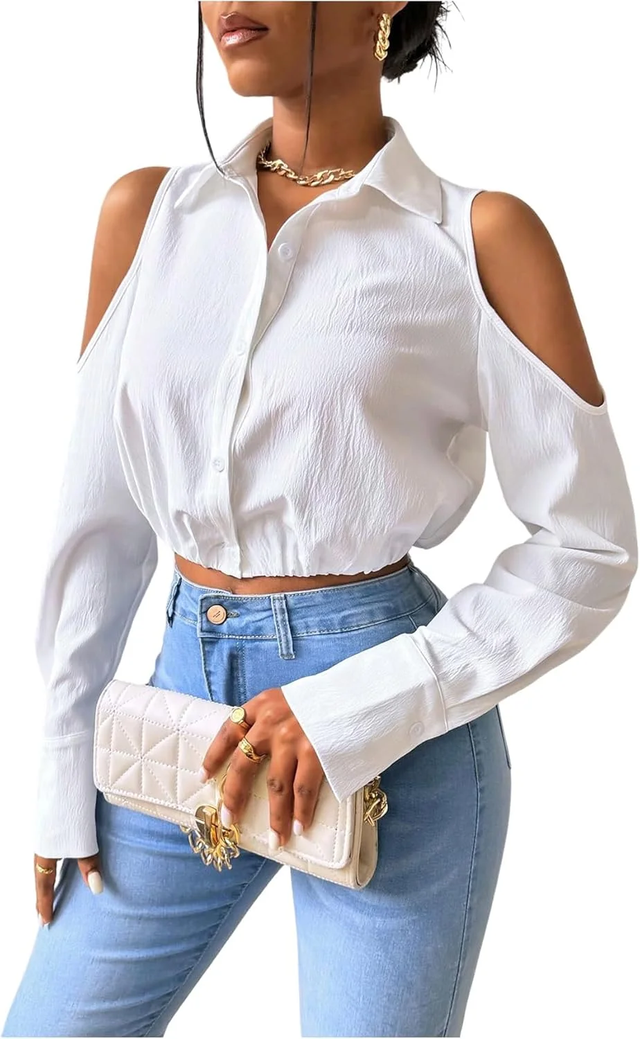 بلوزهای کراپ آستین بلند زنانه GORGLITTER با سرشانه باز، یقه دار و دکمه دار