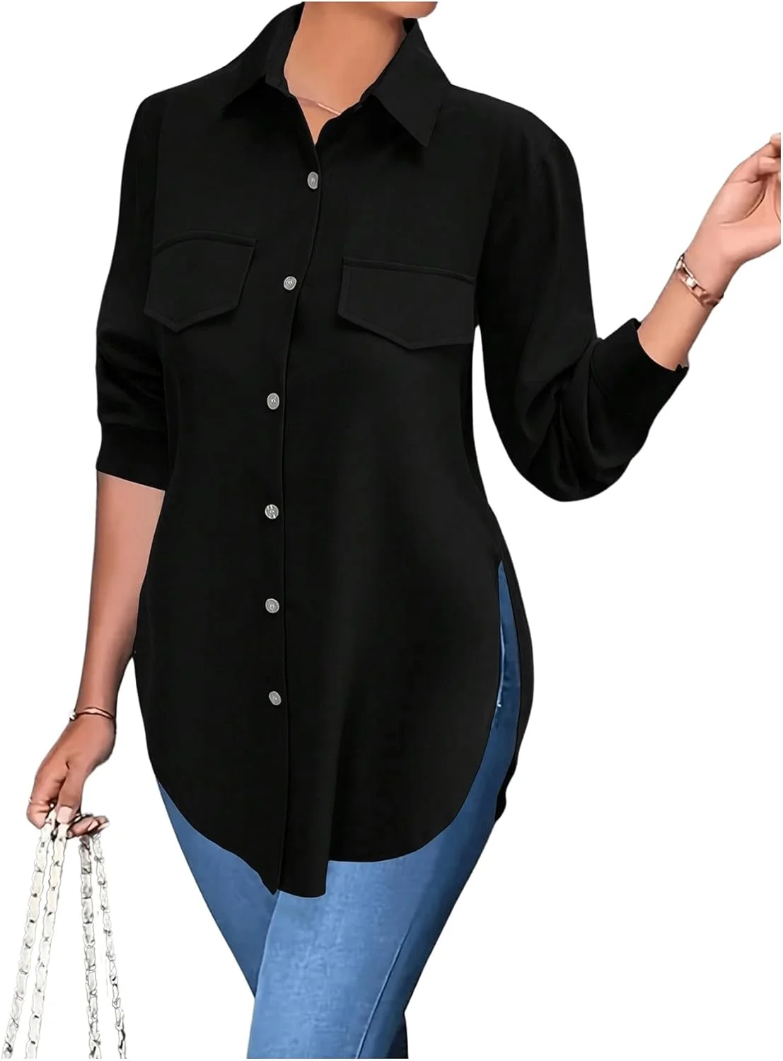 بلوز زنانه گورگلیتر دکمه دار نامتقارن یقه دار آستین بلند گشاد