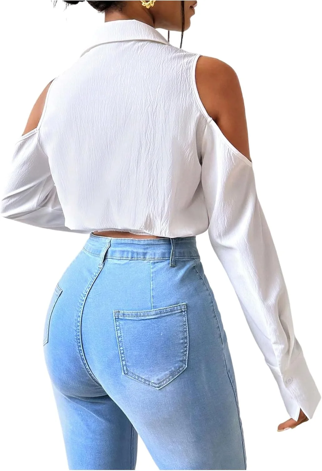 بلوزهای کراپ آستین بلند زنانه GORGLITTER با سرشانه باز، یقه دار و دکمه دار