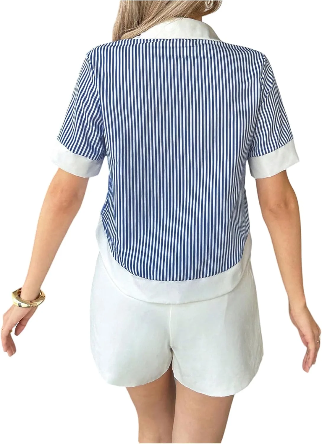 پیراهن زنانه راه راه GORGLITTER، دکمه دار، رنگی، یقه دار، آستین کوتاه نامتقارن