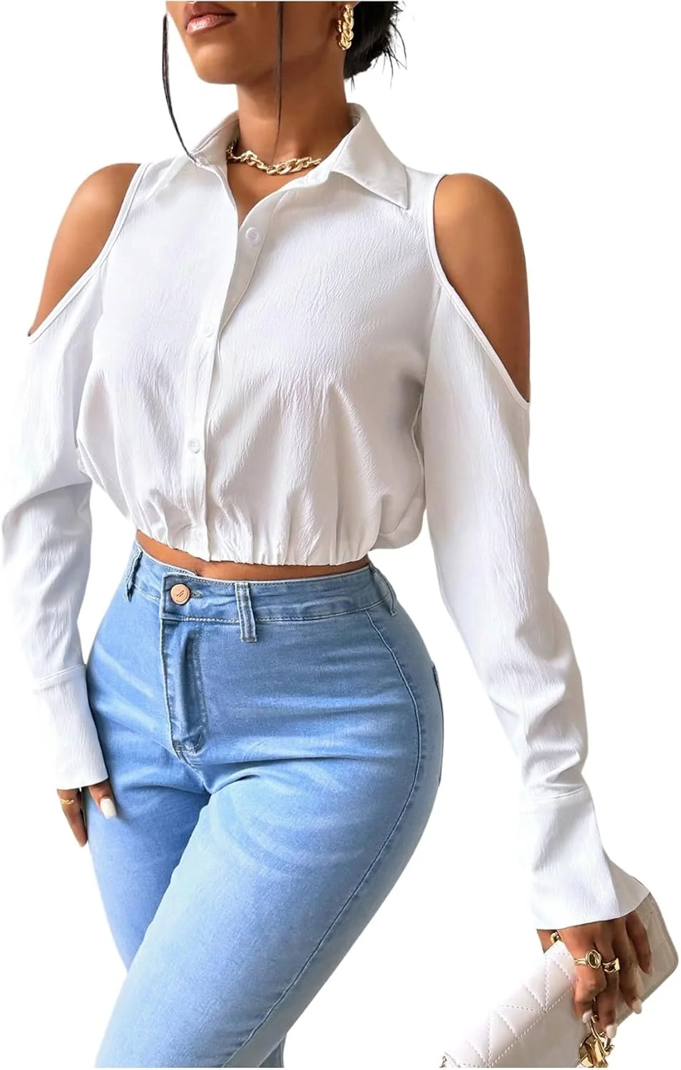 بلوزهای کراپ آستین بلند زنانه GORGLITTER با سرشانه باز، یقه دار و دکمه دار