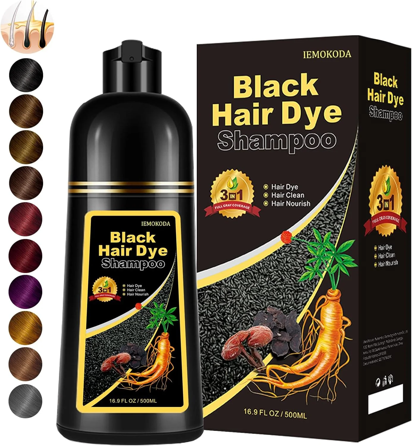 شامپو رنگ موی فوری مشکی، طبیعی 3 در 1 برای پوشش موهای سفید در 10-15 دقیقه، اثر رنگ ماندگار برای زنان و مردان، 500 میلی لیتر (مشکی) شامپو رنگ موی فوری مشکی، طبیعی 3 در 1 برای پوشش موهای سفید در 10-15 دقیقه، اثر رنگ ماندگار برای زنان و مردان، 500 میلی لیتر (مشکی)