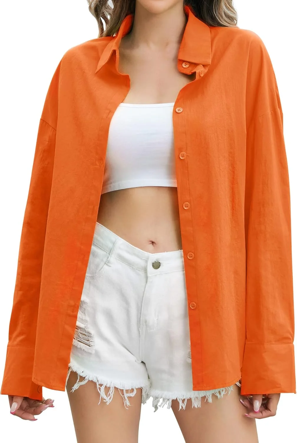 پیراهن دکمه دار بزرگ زنانه Genhoo، آستین بلند، رنگ آبنباتی، یقه هفت، مناسب استایل کژوال، نارنجی، سایز S