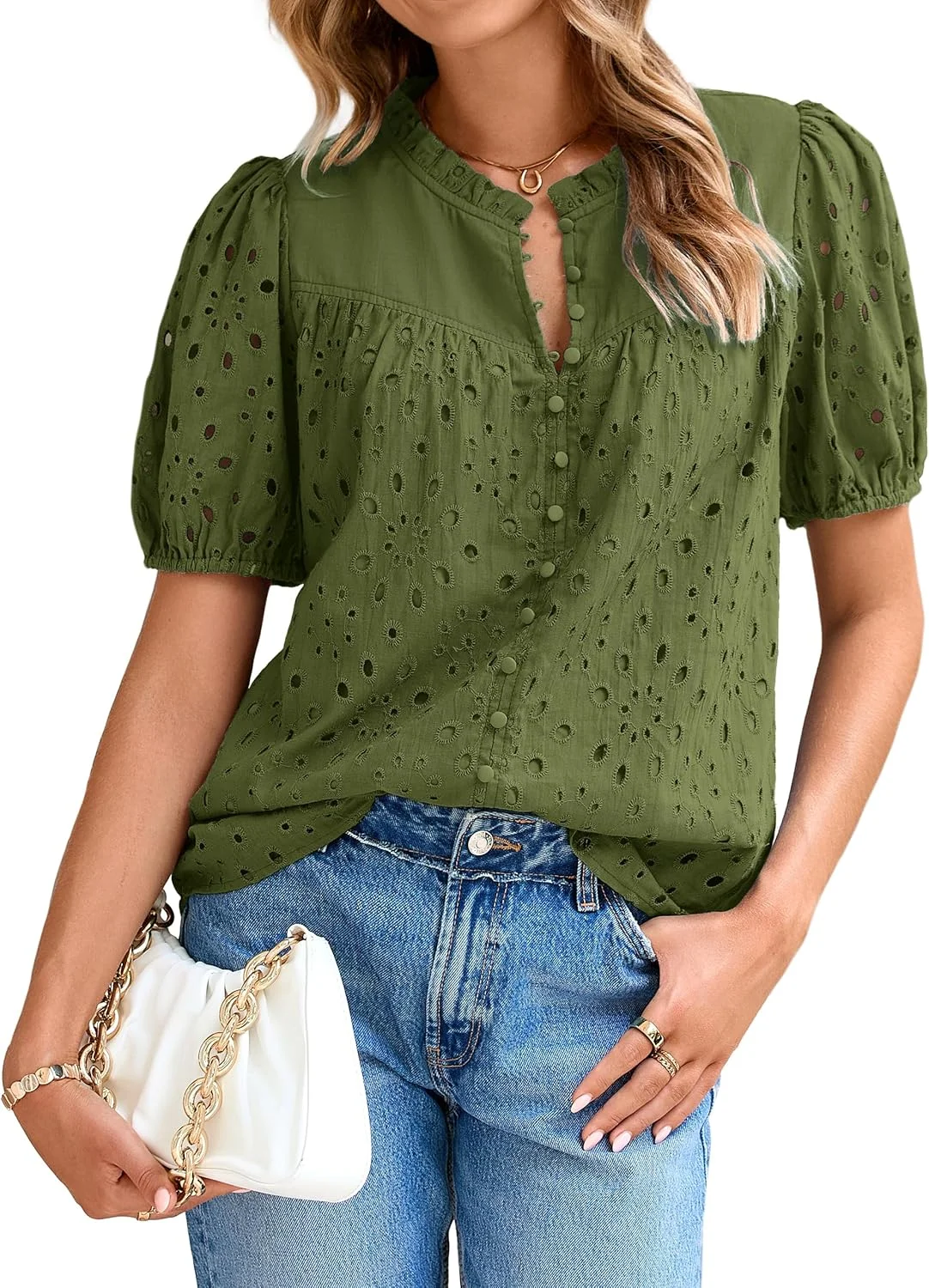 Glamaker بلوز زنانه تابستانی 2025، بلوز آستین پفی کوتاه گلدوزی شده، توری سوراخ دار، دکمه دار