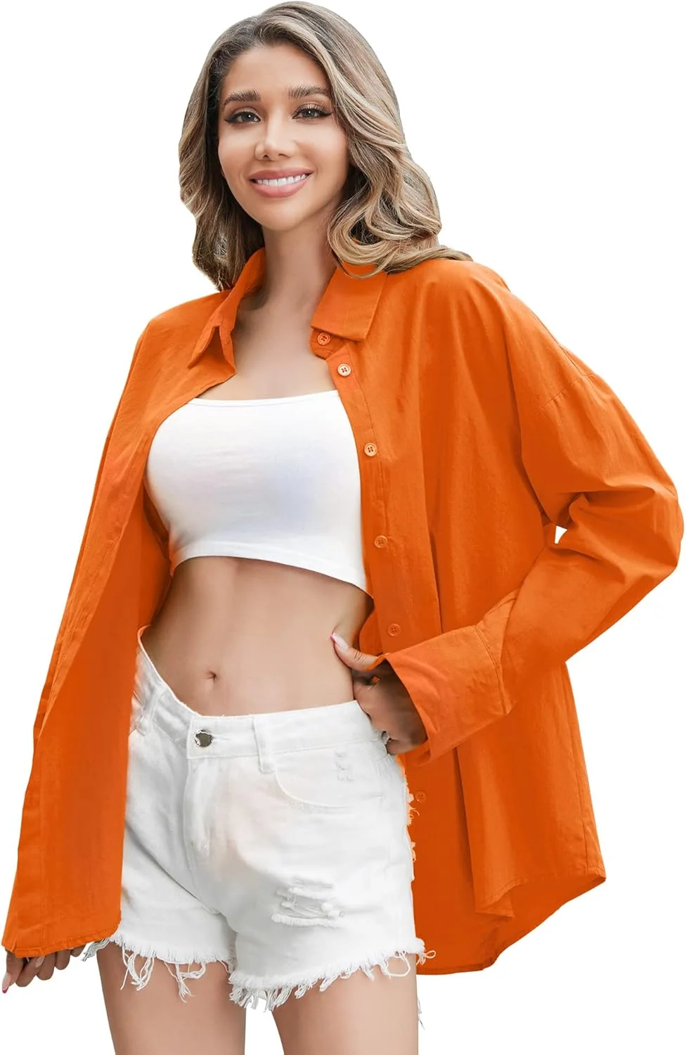 پیراهن دکمه دار بزرگ زنانه Genhoo، آستین بلند، رنگ آبنباتی، یقه هفت، مناسب استایل کژوال، نارنجی، سایز S