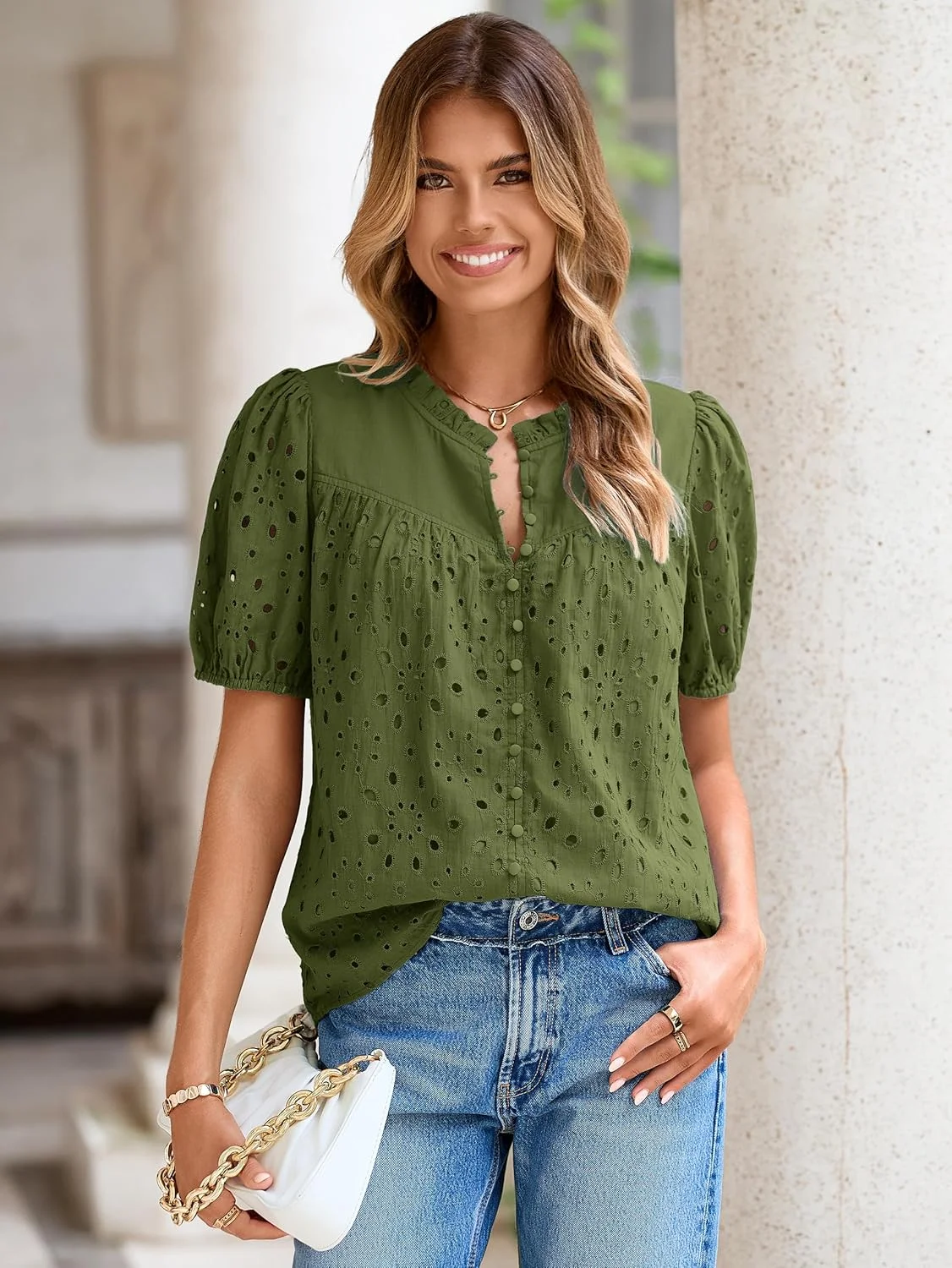Glamaker بلوز زنانه تابستانی 2025، بلوز آستین پفی کوتاه گلدوزی شده، توری سوراخ دار، دکمه دار