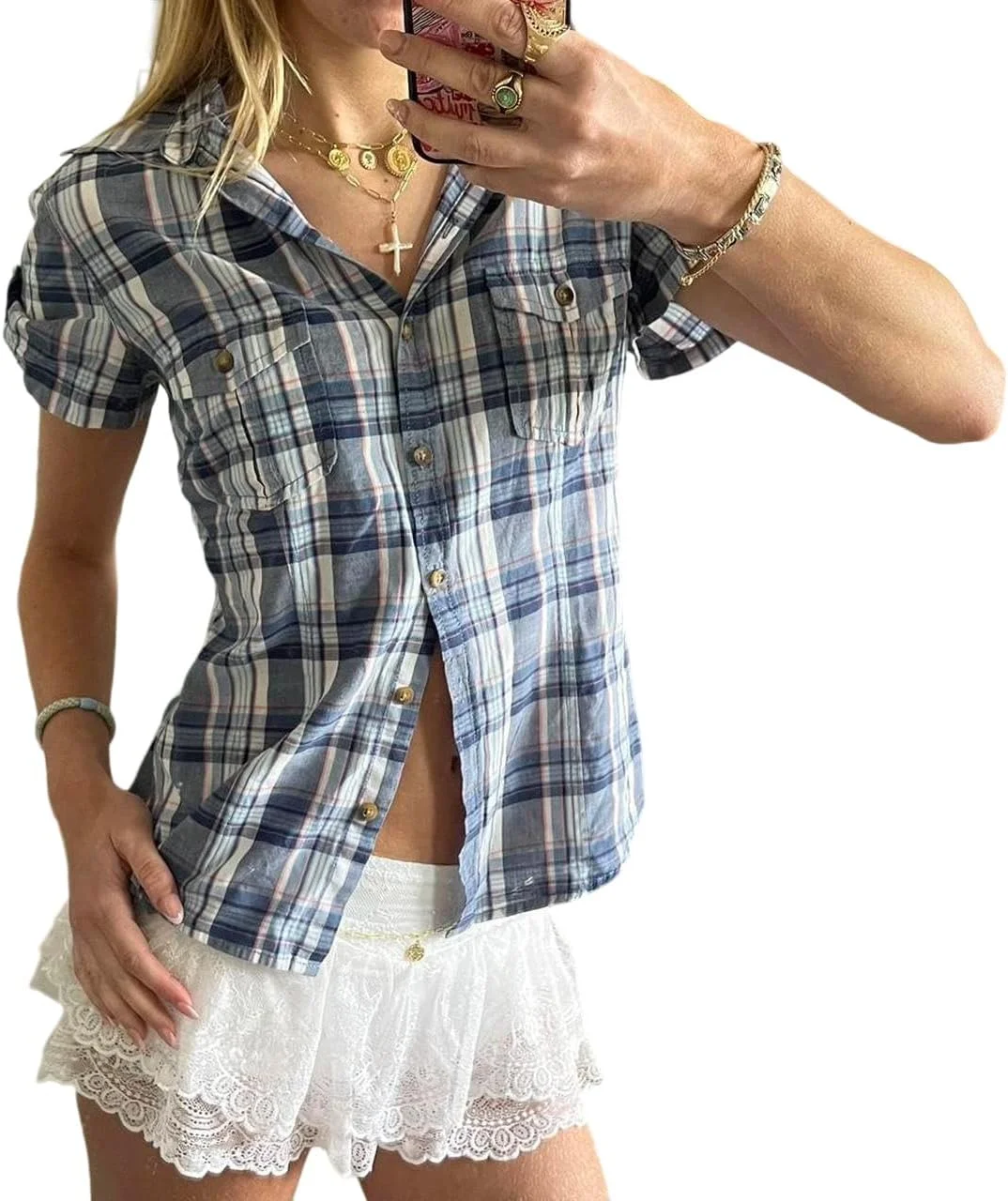 تاپ گینگام زنانه دخترانه نوجوان Y2k دکمه دار آستین کوتاه یقه دار پیراهن بلوز کوکت قدیمی و شیک