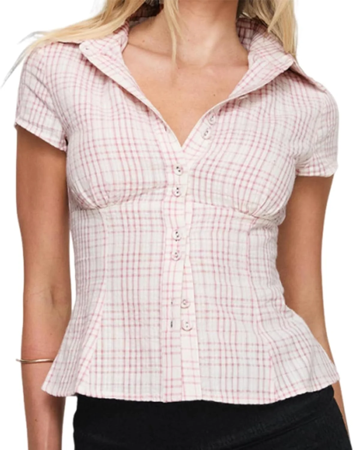 پیراهن زنانه دکمه دار Y2K طرح گینگام، آستین کوتاه، مدل جذب، بلوز چین دار، تاپ های کوکت، استریت ور