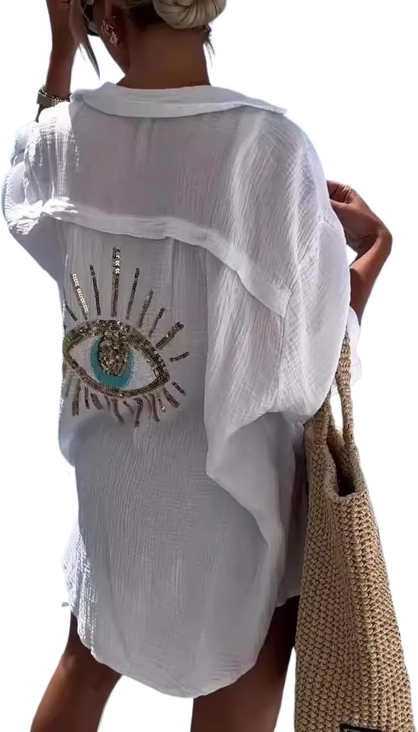 پیراهن پولک‌دار چشم نظر بزرگ GGOOB، آستین بلند، دکمه‌دار، مناسب ساحل و تابستان زنانه، مدل 2024