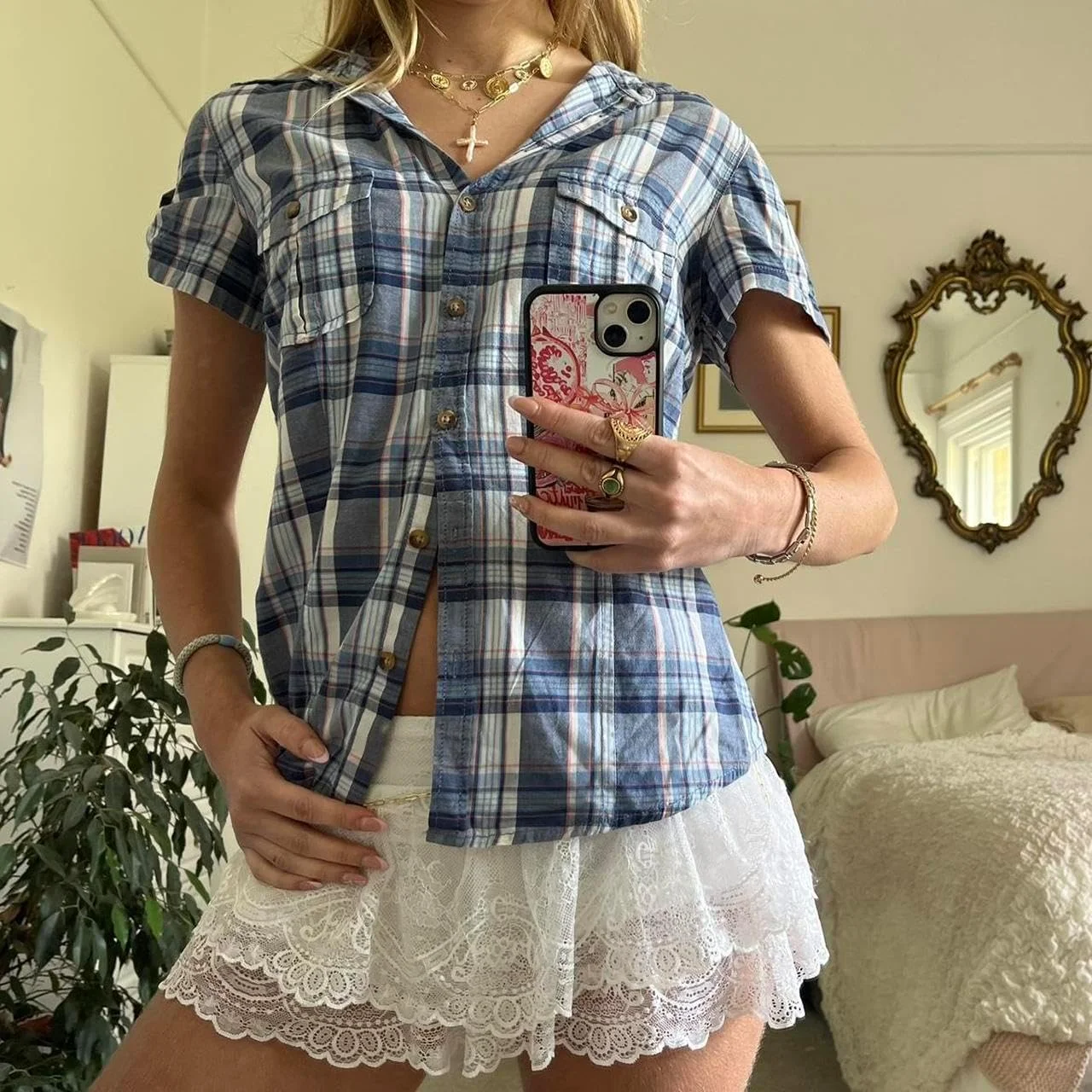 تاپ گینگام زنانه دخترانه نوجوان Y2k دکمه دار آستین کوتاه یقه دار پیراهن بلوز کوکت قدیمی و شیک