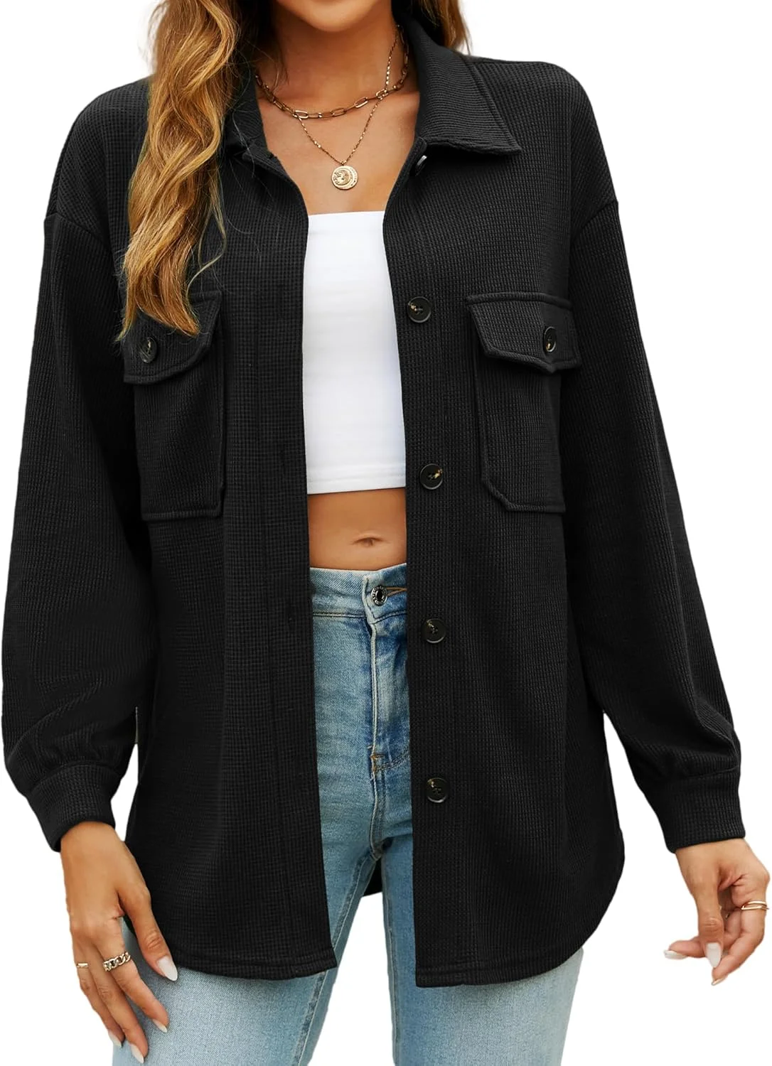 ژاکت پیراهنی زنانه وافل GAMISS آستین بلند دکمه دار بلوز گشاد با جیب