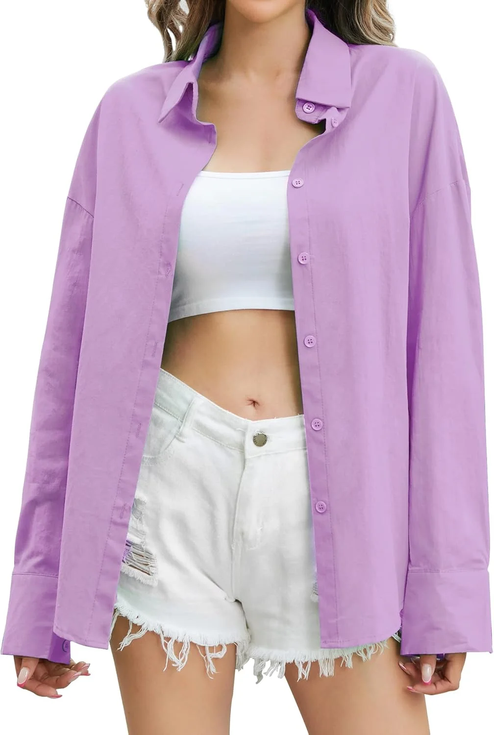 پیراهن دکمه دار بزرگ زنانه Genhoo، آستین بلند، رنگ پاستیلی، یقه هفت، بلوز مجلسی، یاسی، سایز S