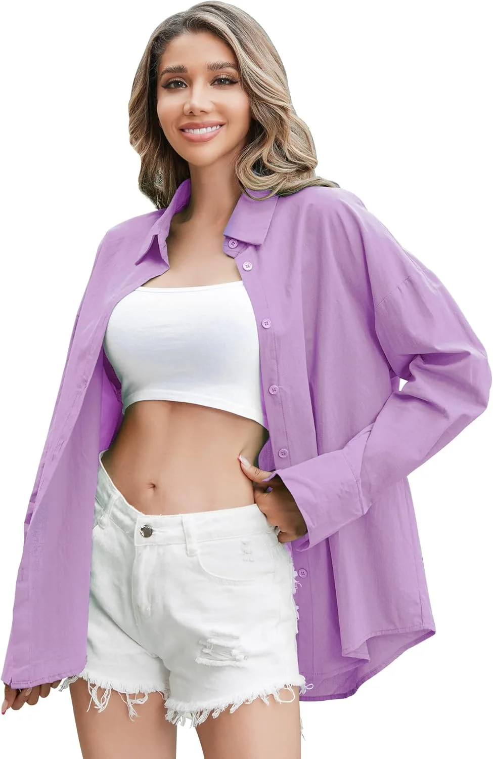 پیراهن دکمه دار بزرگ زنانه Genhoo، آستین بلند، رنگ پاستیلی، یقه هفت، بلوز مجلسی، یاسی، سایز S