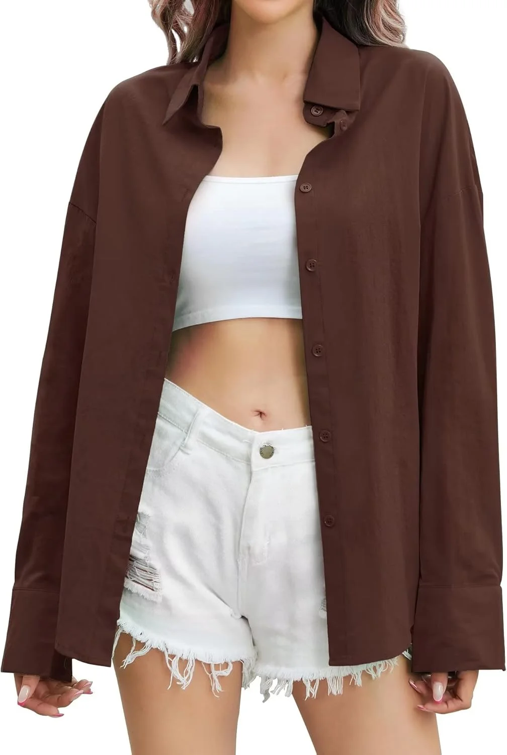 پیراهن دکمه دار بزرگ زنانه Genhoo، آستین بلند، رنگ آبنباتی، یقه هفت، بلوز مجلسی، قهوه ای، S