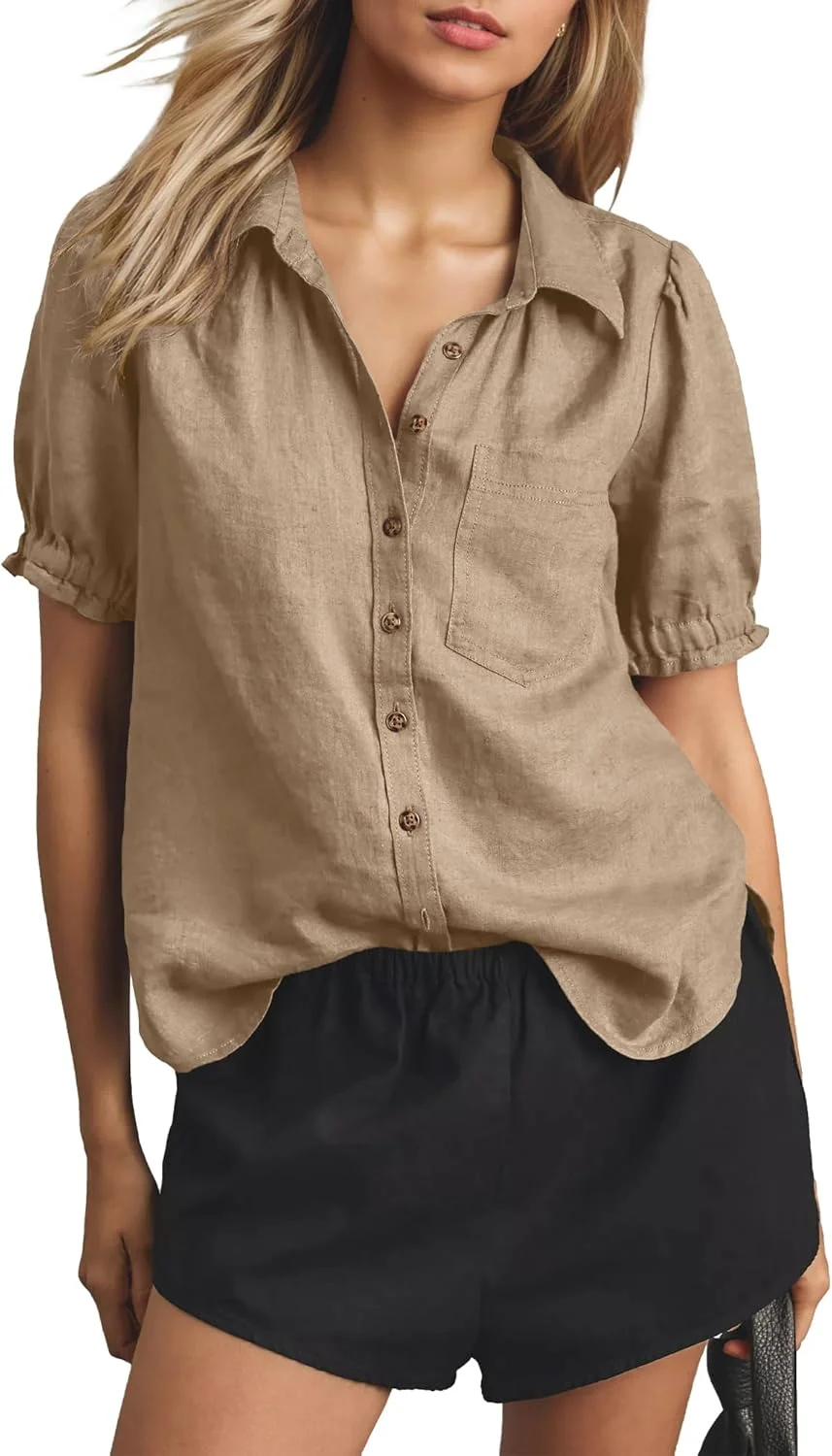 پیراهن دکمه دار زنانه Gacaky، آستین کوتاه پفی، مناسب کار و استایل کژوال به همراه جیب