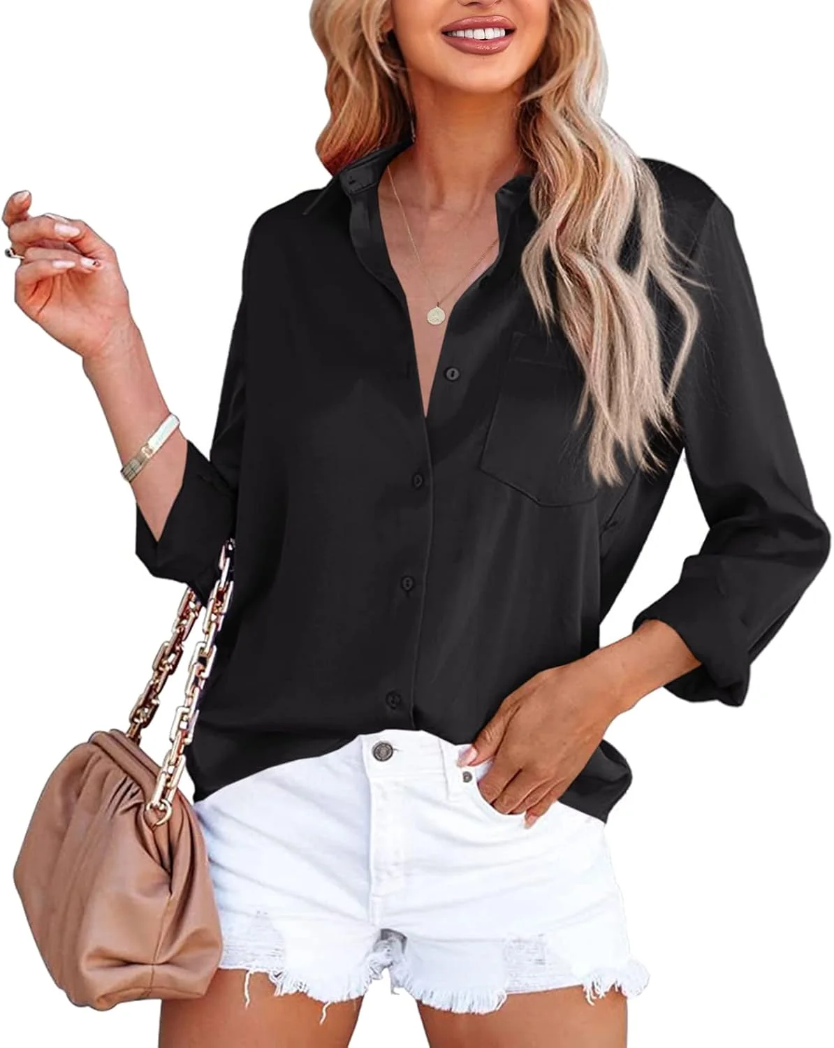 فوشو بلوز زنانه دکمه دار ساتن یقه هفت آستین بلند ابریشمی مناسب کار اداری و رسمی با جیب