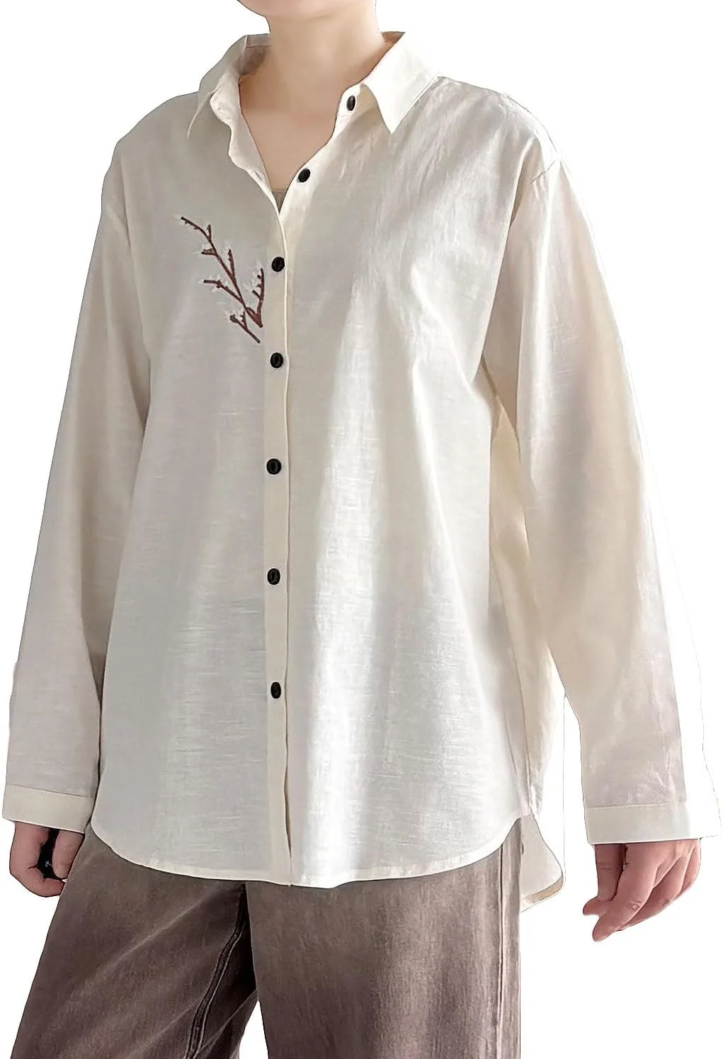 FTCayanz بلوز آستین بلند زنانه، پیراهن دکمه دار کتان نخی، تونیک گلدوزی شده به سبک بوهو