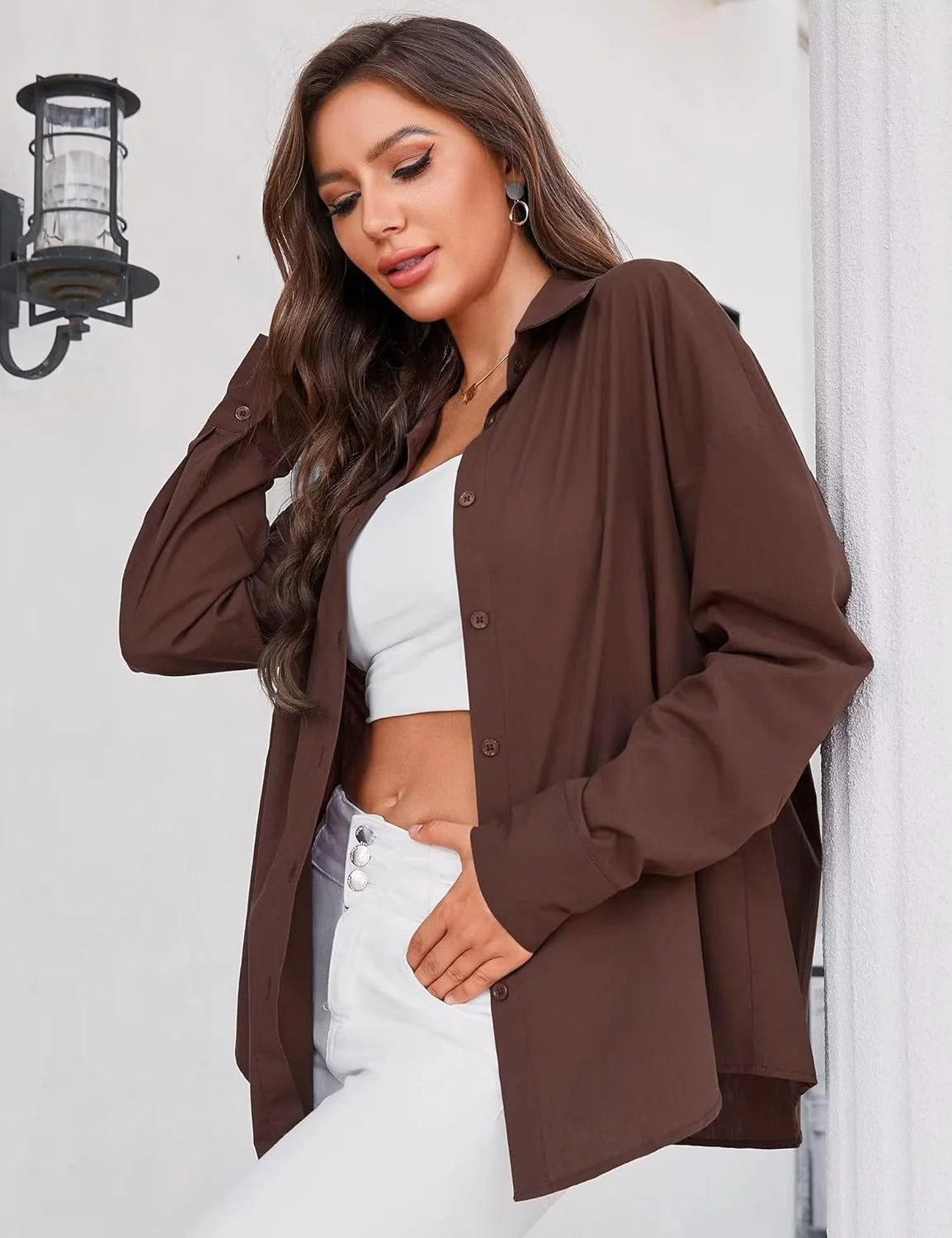 پیراهن دکمه دار بزرگ زنانه Genhoo، آستین بلند، رنگ آبنباتی، یقه هفت، بلوز مجلسی، قهوه ای، S