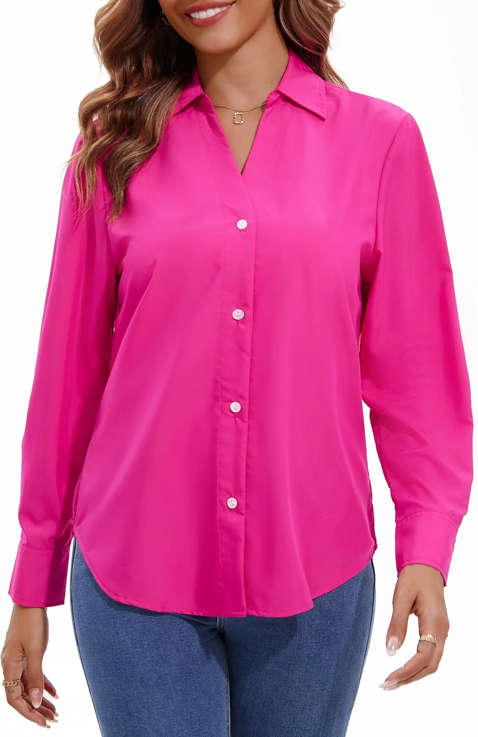 GDYCLUCK بلوز آستین بلند زنانه، دکمه دار، بدون چروک، پیراهن های غیر رسمی زنانه، تاپ های مد روز یقه هفت