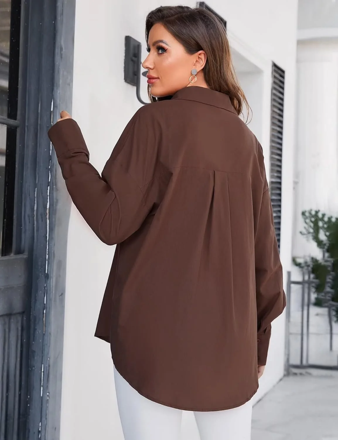 پیراهن دکمه دار بزرگ زنانه Genhoo، آستین بلند، رنگ آبنباتی، یقه هفت، بلوز مجلسی، قهوه ای، S