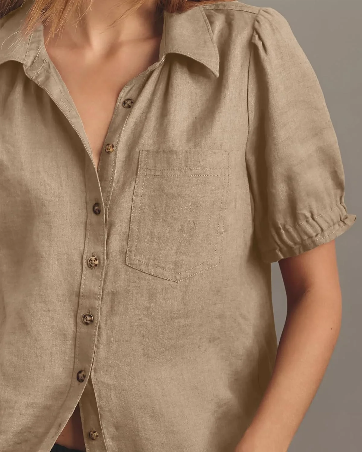 پیراهن دکمه دار زنانه Gacaky، آستین کوتاه پفی، مناسب کار و استایل کژوال به همراه جیب