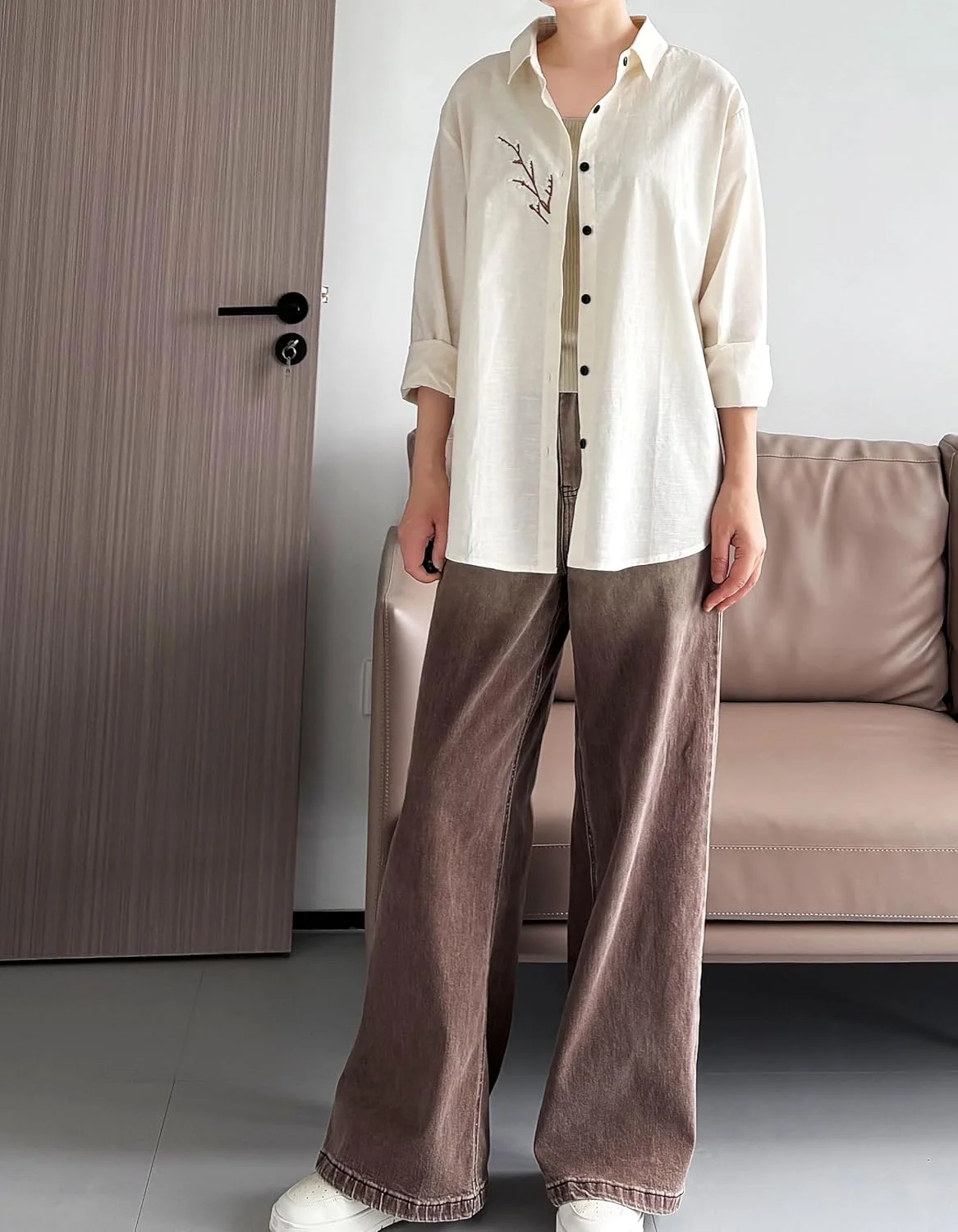 FTCayanz بلوز آستین بلند زنانه، پیراهن دکمه دار کتان نخی، تونیک گلدوزی شده به سبک بوهو