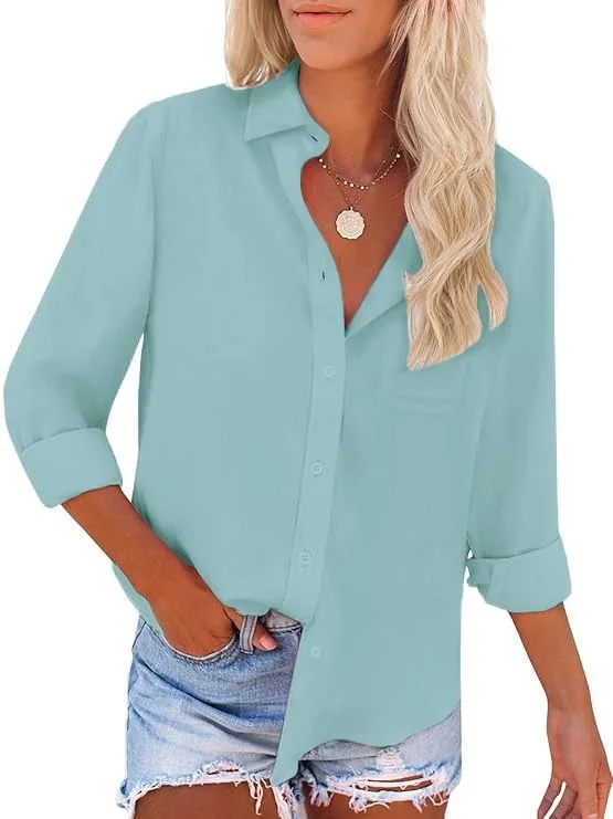 بلوز زنانه آستین بلند Friptspyg، بلوز شیک، بلوز بلند غیر رسمی، بلوز یقه هفت، بلوز بزرگ سایز، تاپ با جیب