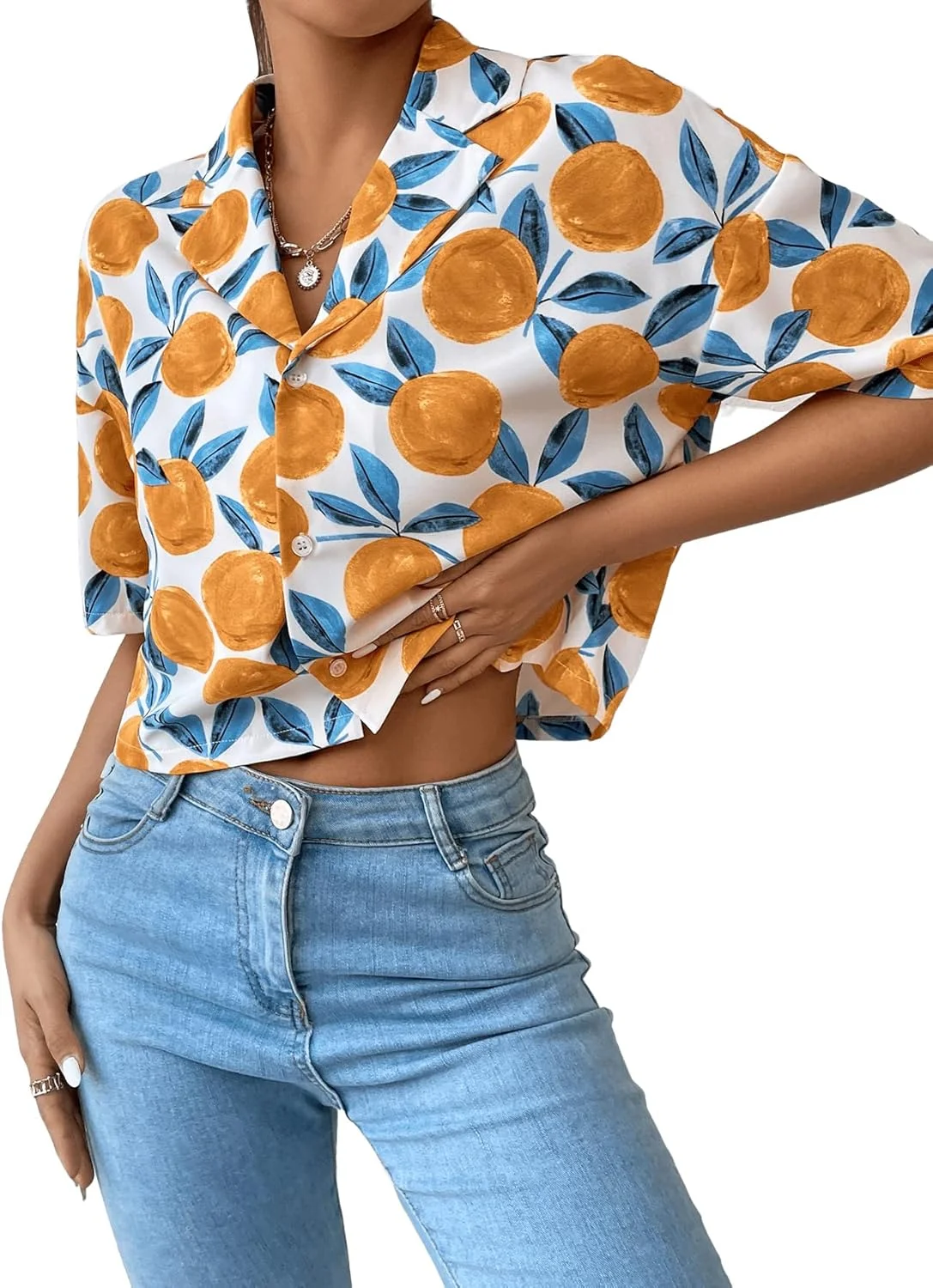 بلوز زنانه Floerns با طرح چاپی دکمه دار آستین کوتاه کراپ تاپ