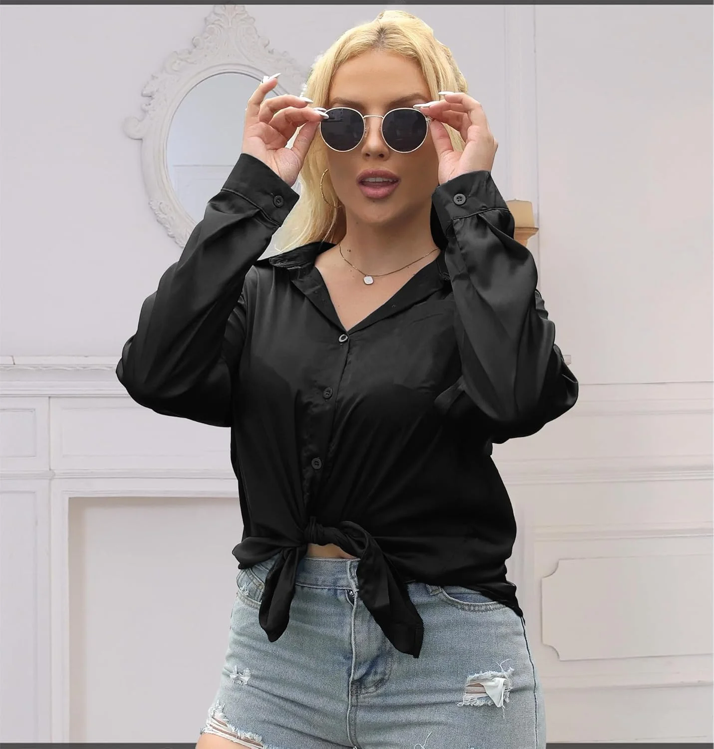 بلوزهای دکمه دار ابریشمی ساتن Flaredmax زنانه، مناسب استایل کژوال شیک - پیراهن های آستین بلند دکمه دار مناسب محیط کار به همراه جیب