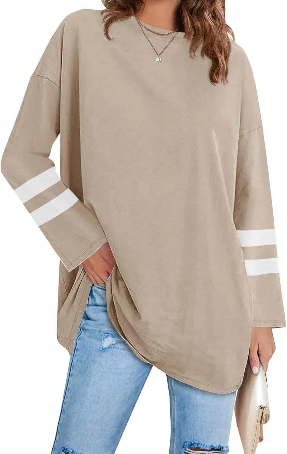 تی شرت آستین بلند زنانه Fisoew، مدل گشاد، یقه گرد، تونیک، بلوز نرم