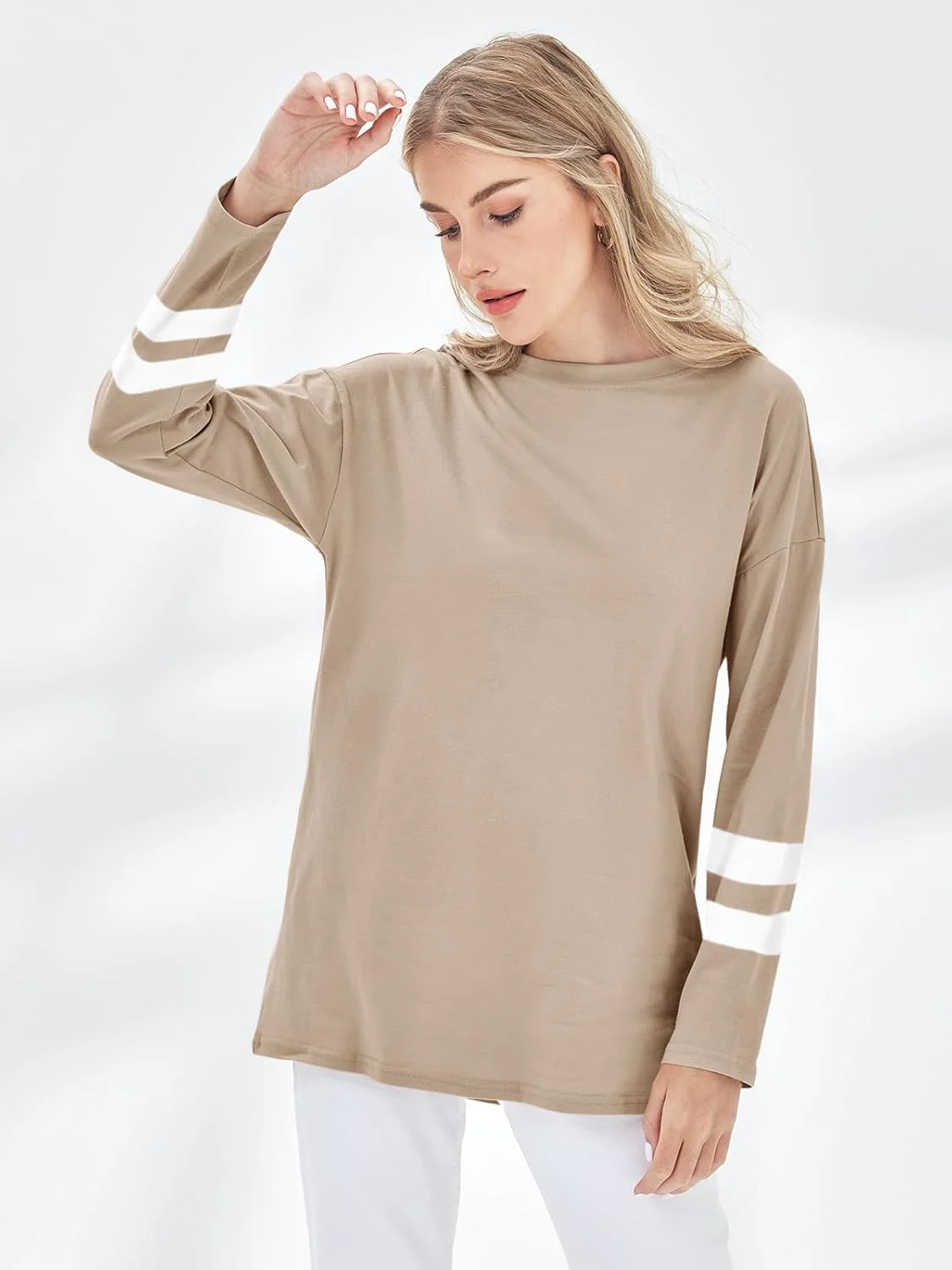 تی شرت آستین بلند زنانه Fisoew، مدل گشاد، یقه گرد، تونیک، بلوز نرم
