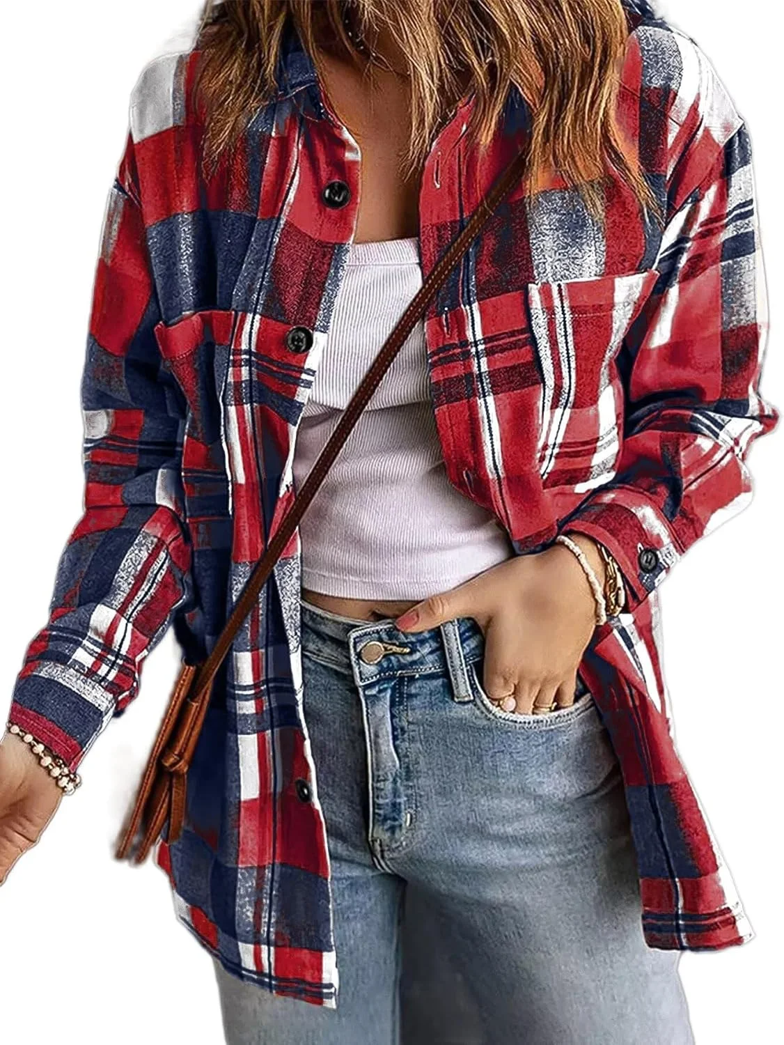 پیراهن دکمه دار زنانه Flamingals طرح چهارخانه آستین بلند مناسب استایل کژوال و رسمی با تن خور آزاد