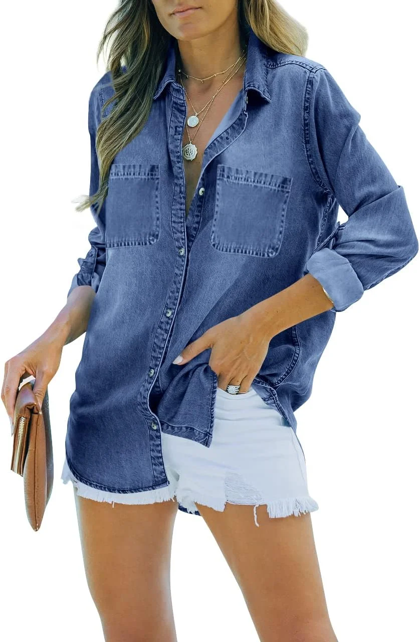 پیراهن جین زنانه Feziakuk، دکمه دار، بلوز جین آستین بلند، پیراهن جین نرم، ژاکت جین غیر رسمی، تاپ های بهاری پاییزی با جیب سینه