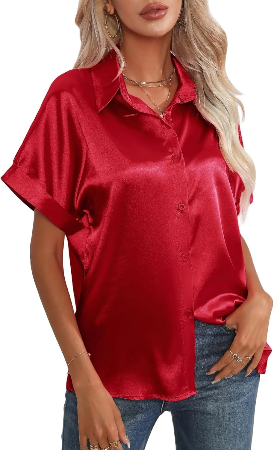 FEONA بلوز ساتن آستین بلند زنانه، پیراهن دکمه دار ابریشم مصنوعی نرم، تاپ یقه هفت ظریف برای استفاده روزمره/رسمی/کار، رنگ ثابت، سایز S-XXL