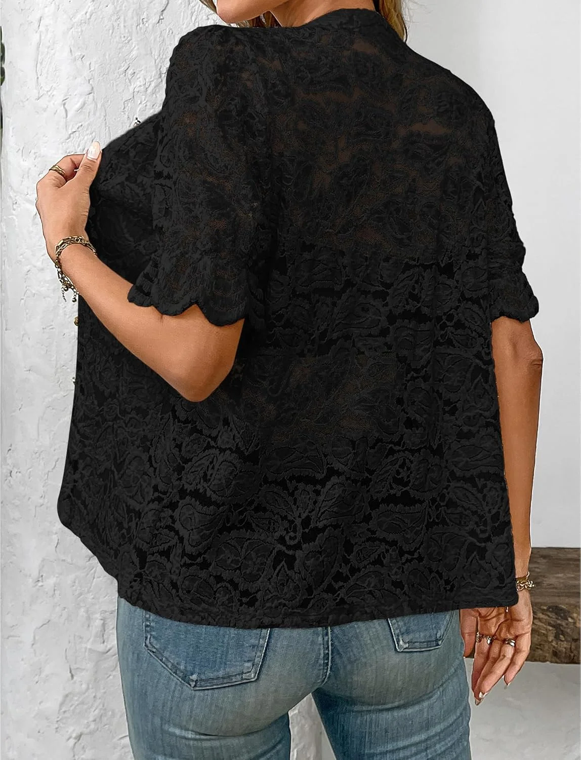 تاپ توری زنانه FEOYA آستین کوتاه پفی یقه گرد دکمه دار مناسب مهمانی بلوز توری شومیز مناسب کار و استایل کژوال