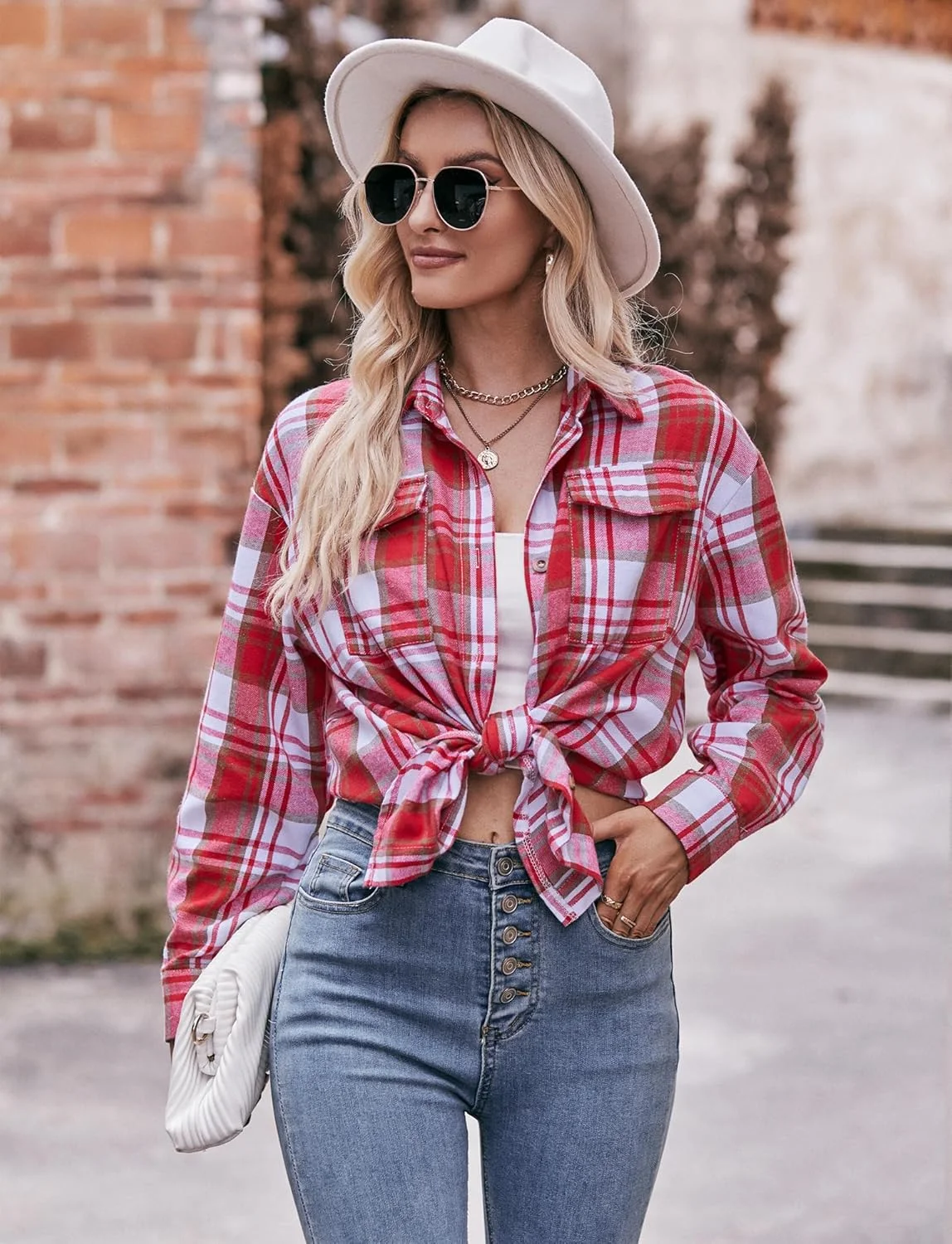 FEOYA پیراهن چهارخانه زنانه، پیراهن آستین بلند کلاسیک، پیراهن چهارخانه غیر رسمی، بلوز دکمه دار، تاپ، پیراهن های تارتان، پیراهن آستین بلند رنگی با جیب