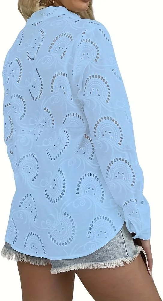 FENGQIYUNHAI تاپ های گلدوزی شده زنانه یقه هفت آستین بلند دکمه دار