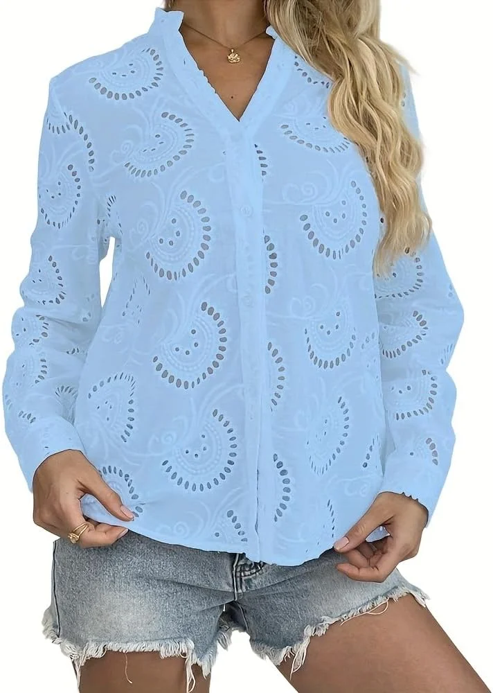 FENGQIYUNHAI تاپ های گلدوزی شده زنانه یقه هفت آستین بلند دکمه دار