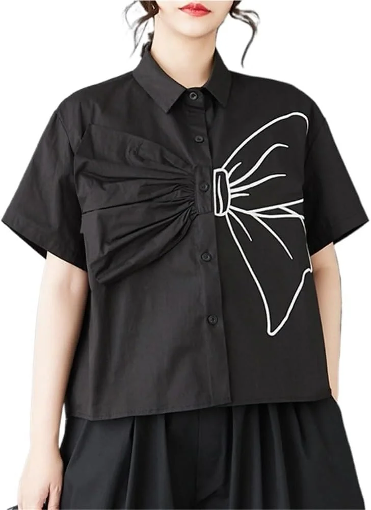 بلوز زنانه آستین کوتاه طرح پاپیون، یقه کلاسیک دکمه دار، تی شرت های چاپی، بلوزهای گشاد و تاپ های غیر رسمی