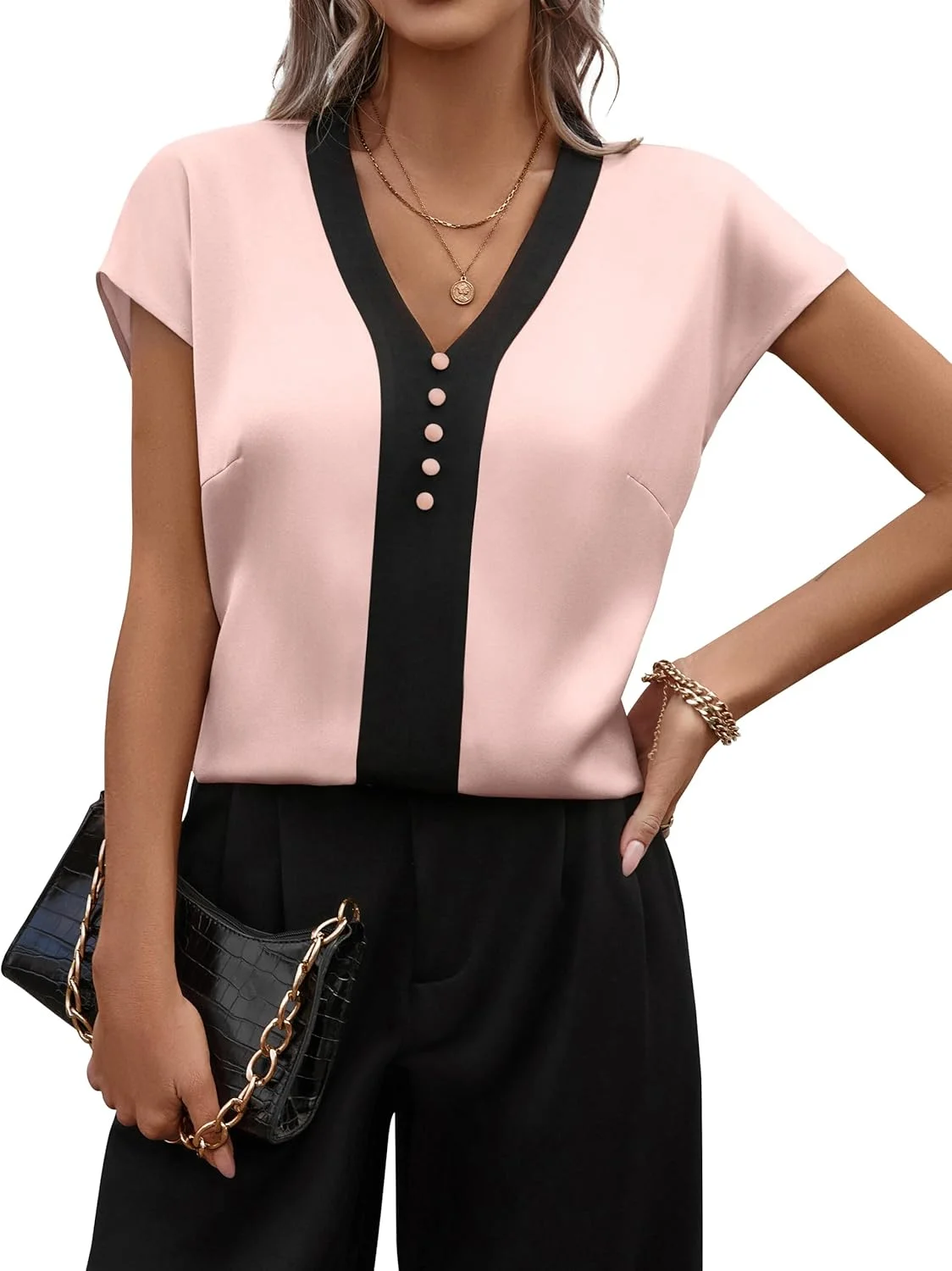 بلوز آستین کوتاه زنانه Fayenne، یقه هفت، طرح رنگی، مناسب استایل کژوال و رسمی، بلوز ساتن ابریشمی مناسب کار و تابستان