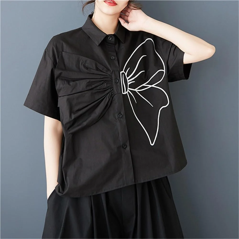 بلوز زنانه آستین کوتاه طرح پاپیون، یقه کلاسیک دکمه دار، تی شرت های چاپی، بلوزهای گشاد و تاپ های غیر رسمی