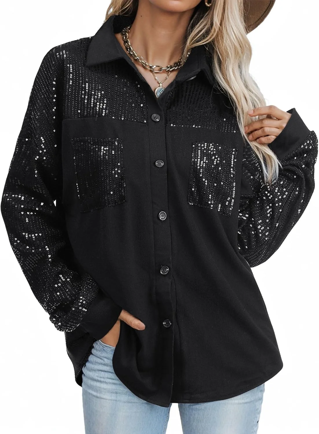 Ezcosplay شکت پولک دار زنانه، پیراهن دکمه دار آستین بلند براق