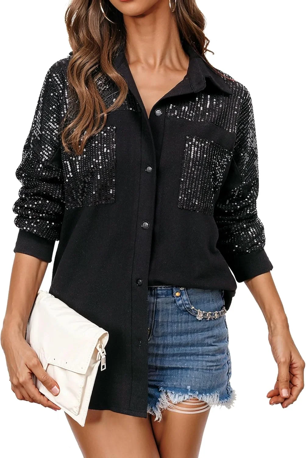 Ezcosplay شکت پولک دار زنانه، پیراهن دکمه دار آستین بلند براق