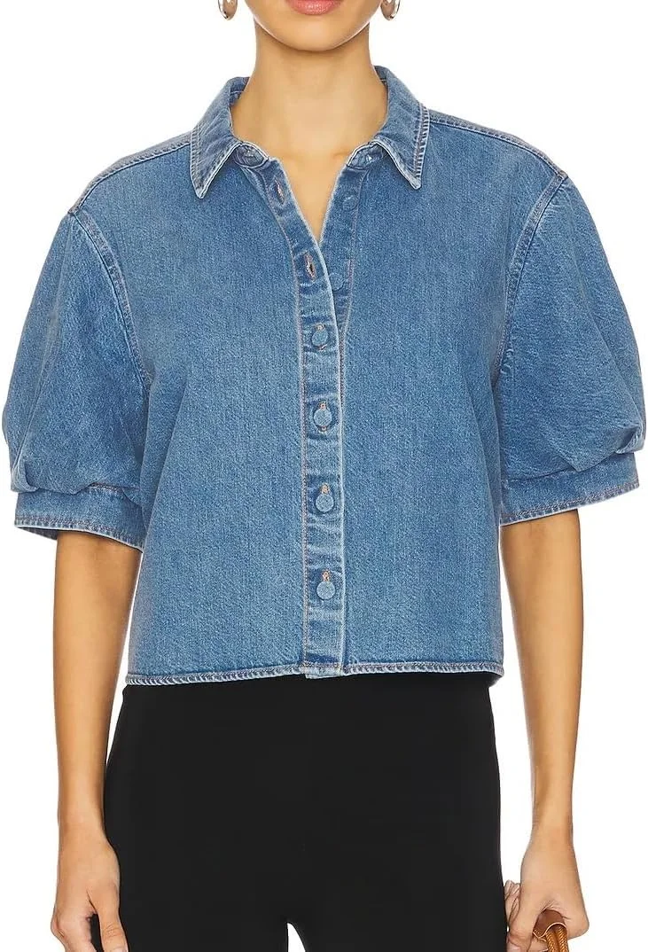 پیراهن جین آستین کوتاه زنانه EZAPINE، تاپ دکمه دار کوتاه، مناسب تابستان، استایل کژوال و رسمی