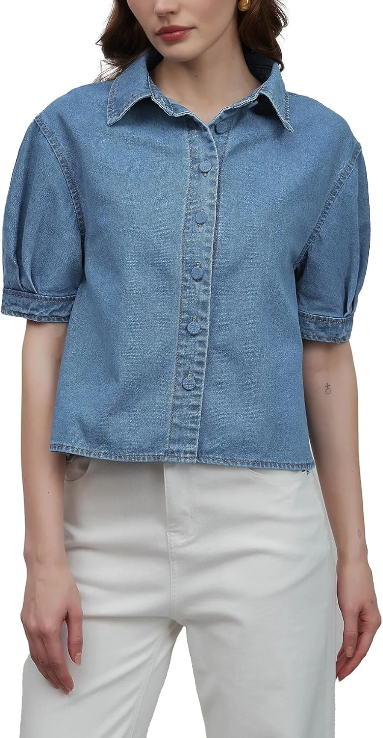 پیراهن جین آستین کوتاه زنانه EZAPINE، تاپ دکمه دار کوتاه، مناسب تابستان، استایل کژوال و رسمی