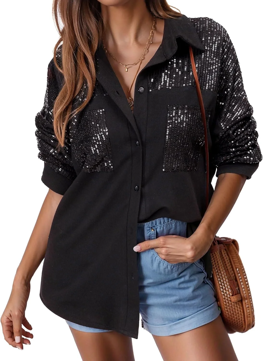 Ezcosplay شکت پولک دار زنانه، پیراهن دکمه دار آستین بلند براق